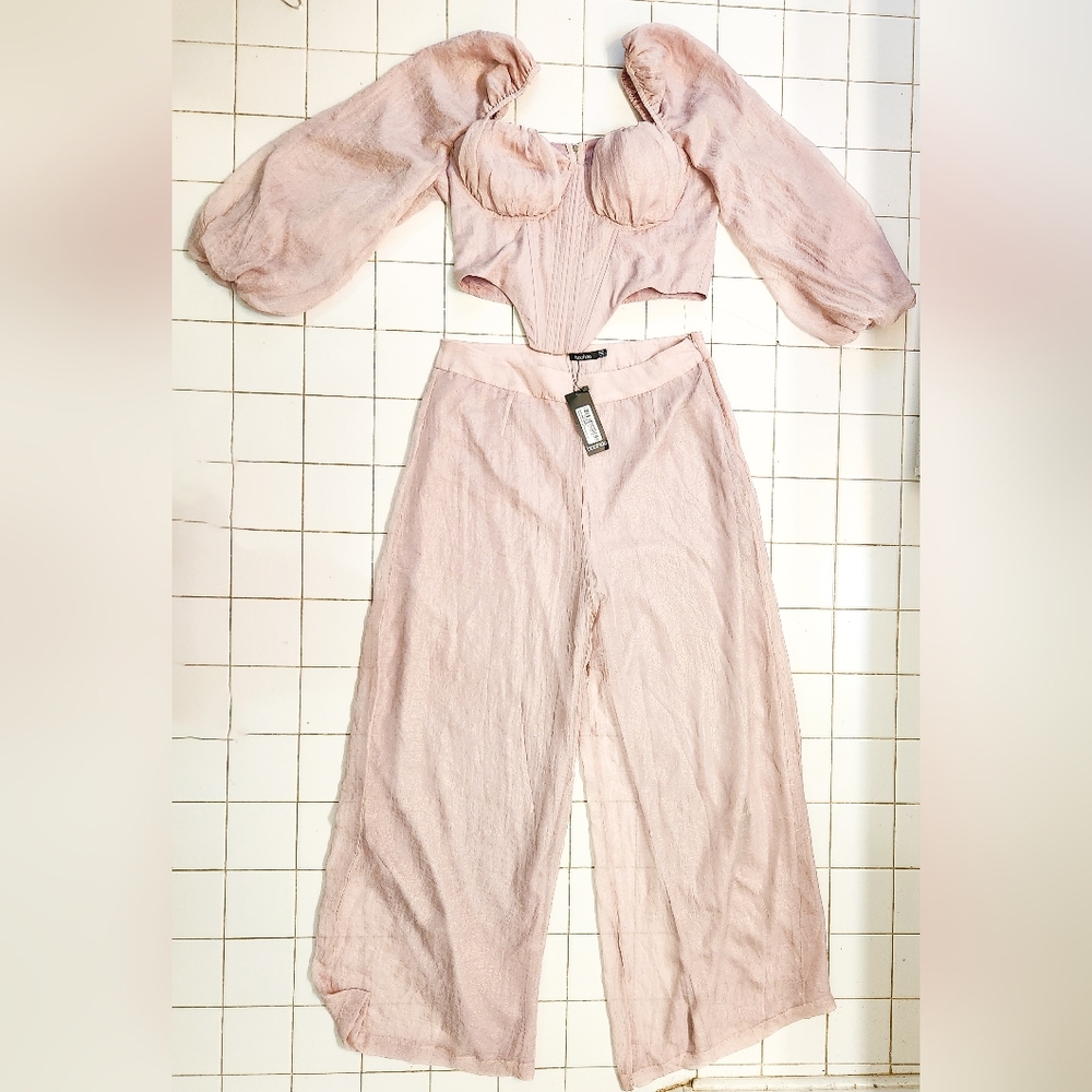 Boohoo Blush Pink Puff Sleeve Jumpsuit